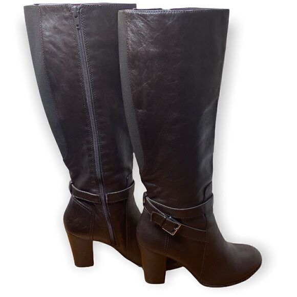 Marc Fisher's Kessler tall dress boots ankle strap buckle elastic back brown - Picture 5 of 9